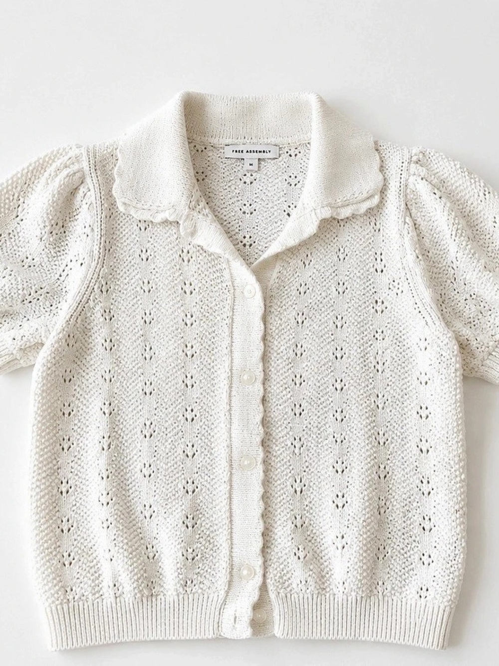Free Assembly Short Sleeve Pointelle Knit Polo Cardigan White Medium